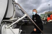 23 October 2021; Denise O'Sullivan boards their charter plane at Dublin Airport ahead of the team's flight to Helsinki for their FIFA Women's World Cup 2023 Qualifier against Finalnd on Tuesday. Photo by Stephen McCarthy/Sportsfile