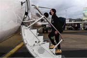 23 October 2021; Ciara Grant boards their charter plane at Dublin Airport ahead of the team's flight to Helsinki for their FIFA Women's World Cup 2023 Qualifier against Finalnd on Tuesday. Photo by Stephen McCarthy/Sportsfile