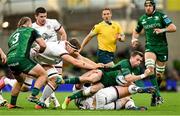 23 October 2021; Jack Carty of Connacht is tackled by Matty Rea and Eric O’Sullivan of Ulster during the United Rugby Championship match between Connacht and Ulster at Aviva Stadium in Dublin. Photo by Brendan Moran/Sportsfile