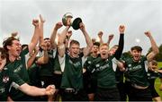 23 October 2021; The victorious Queens University Belfast team celebrate with the Conway cup after the Maxol Irish Universities Rugby Union Sponsorship Conroy Cup Final at Queens University in Belfast, Antrim. Photo by Oliver McVeigh/Sportsfile