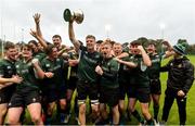 23 October 2021; The victorious Queens University Belfast team celebrate with the Conway cup after the Maxol Irish Universities Rugby Union Sponsorship Conroy Cup Final at Queens University in Belfast, Antrim. Photo by Oliver McVeigh/Sportsfile