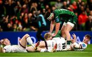 23 October 2021; Niall Murray of Connacht is congratulated by team-mate Tom Daly after scoring his side's first try during the United Rugby Championship match between Connacht and Ulster at Aviva Stadium in Dublin. Photo by David Fitzgerald/Sportsfile