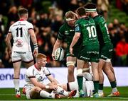 23 October 2021; Niall Murray of Connacht is congratulated by team-mates Jack Carty, centre, and Tom Daly after scoring his side's first try during the United Rugby Championship match between Connacht and Ulster at Aviva Stadium in Dublin. Photo by David Fitzgerald/Sportsfile
