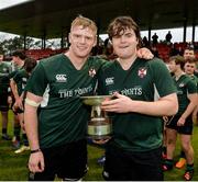 23 October 2021; The victorious Queens University Belfast players Paddy Eames and Paddy McAlpine celebrate with the Conway cup after the Maxol Irish Universities Rugby Union Sponsorship Conroy Cup Final at Queens University in Belfast, Antrim. Photo by Oliver McVeigh/Sportsfile