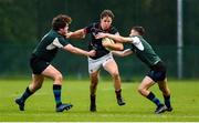 23 October 2021; Louis McDonagh of Dublin University in action against Paddy McAlpine and Harvey Patterson of Queens University Belfast during the Maxol Irish Universities Rugby Union Sponsorship Conroy Cup Final at Queens University in Belfast, Antrim. Photo by Oliver McVeigh/Sportsfile