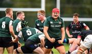 23 October 2021; Dan Mulholland of Queens University Belfast celebrates after a scrum during the Maxol Irish Universities Rugby Union Sponsorship Conroy Cup Final at Queens University in Belfast, Antrim. Photo by Oliver McVeigh/Sportsfile