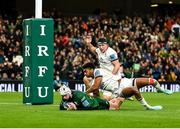 23 October 2021; Mack Hansen of Connacht scores his side's second try during the United Rugby Championship match between Connacht and Ulster at Aviva Stadium in Dublin. Photo by David Fitzgerald/Sportsfile