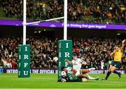 23 October 2021; Mack Hansen of Connacht scores his side's second try during the United Rugby Championship match between Connacht and Ulster at Aviva Stadium in Dublin. Photo by David Fitzgerald/Sportsfile