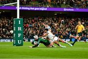 23 October 2021; Mack Hansen of Connacht scores his side's second try during the United Rugby Championship match between Connacht and Ulster at Aviva Stadium in Dublin. Photo by David Fitzgerald/Sportsfile