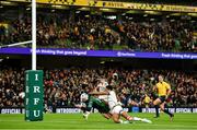 23 October 2021; Mack Hansen of Connacht scores his side's second try during the United Rugby Championship match between Connacht and Ulster at Aviva Stadium in Dublin. Photo by David Fitzgerald/Sportsfile