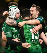 23 October 2021; Mack Hansen of Connacht, left, is congratulated by team-mates after scoring his side's second try during the United Rugby Championship match between Connacht and Ulster at Aviva Stadium in Dublin. Photo by David Fitzgerald/Sportsfile