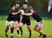 23 October 2021; Ryan Street of Queens University Belfast in action against Luke Russel and Conor O'Byrne of Dublin University during the Maxol Irish Universities Rugby Union Sponsorship Conroy Cup Final at Queens University in Belfast, Antrim. Photo by Oliver McVeigh/Sportsfile