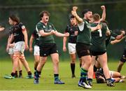 23 October 2021; The Queens University Belfast players celebrate after the final whistle in the Maxol Irish Universities Rugby Union Sponsorship Conroy Cup Final at Queens University in Belfast, Antrim. Photo by Oliver McVeigh/Sportsfile