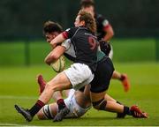 23 October 2021; Chris Poole of Queens University Belfast on his way to scoring his side's first try despite the tackle of Adam Treanor of Dublin University during the Maxol Irish Universities Rugby Union Sponsorship Conroy Cup Final at Queens University in Belfast, Antrim. Photo by Oliver McVeigh/Sportsfile