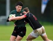 23 October 2021; Ryan Street of Queens University Belfast in action against Conor O'Byrne of Dublin University during the Maxol Irish Universities Rugby Union Sponsorship Conroy Cup Final at Queens University in Belfast, Antrim. Photo by Oliver McVeigh/Sportsfile