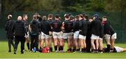 23 October 2021; The Dublin University players during half time of the Maxol Irish Universities Rugby Union Sponsorship Conroy Cup Final at Queens University in Belfast, Antrim. Photo by Oliver McVeigh/Sportsfile