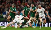 23 October 2021; Matthew Burke of Connacht is tackled by Nick Timoney of Ulster during the United Rugby Championship match between Connacht and Ulster at Aviva Stadium in Dublin. Photo by Brendan Moran/Sportsfile