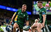 23 October 2021; John Porch of Connacht celebrates with team-mate Conor Fitzgerald, right, after scoring their side's third try during the United Rugby Championship match between Connacht and Ulster at Aviva Stadium in Dublin. Photo by Brendan Moran/Sportsfile