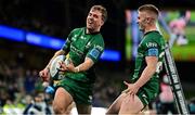 23 October 2021; John Porch of Connacht celebrates with team-mate Conor Fitzgerald, right, after scoring their side's third try during the United Rugby Championship match between Connacht and Ulster at Aviva Stadium in Dublin. Photo by Brendan Moran/Sportsfile
