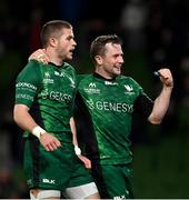 23 October 2021; Diarmuid Kilgallen of Connacht celebrates with team-mate Jack Carty, right, after scoring their side's fourth try during the United Rugby Championship match between Connacht and Ulster at Aviva Stadium in Dublin. Photo by Brendan Moran/Sportsfile