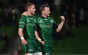 23 October 2021; Diarmuid Kilgallen of Connacht celebrates with team-mate Jack Carty, right, after scoring their side's fourth try during the United Rugby Championship match between Connacht and Ulster at Aviva Stadium in Dublin. Photo by Brendan Moran/Sportsfile