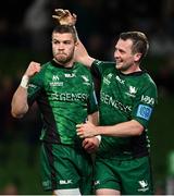 23 October 2021; Diarmuid Kilgallen of Connacht celebrates with team-mate Jack Carty, right, after scoring their side's fourth try during the United Rugby Championship match between Connacht and Ulster at Aviva Stadium in Dublin. Photo by Brendan Moran/Sportsfile
