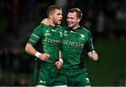 23 October 2021; Diarmuid Kilgallen of Connacht celebrates with team-mate Jack Carty, right, after scoring their side's fourth try during the United Rugby Championship match between Connacht and Ulster at Aviva Stadium in Dublin. Photo by Brendan Moran/Sportsfile