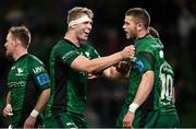 23 October 2021; Diarmuid Kilgallen of Connacht celebrates with team-mate Niall Murray, left, after scoring their side's fourth try during the United Rugby Championship match between Connacht and Ulster at Aviva Stadium in Dublin. Photo by Brendan Moran/Sportsfile
