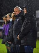 23 October 2021; Republic of Ireland manager Dave Connell, with his managment team, stand for the national anthem before the UEFA Women's U19 Championship Qualifier match between Switzerland and Republic of Ireland at Markets Field in Limerick. Photo by Eóin Noonan/Sportsfile
