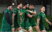 23 October 2021; Paul Boyle of Connacht and Tiernan O’Halloran of Connacht celebrate after the United Rugby Championship match between Connacht and Ulster at Aviva Stadium in Dublin. Photo by Brendan Moran/Sportsfile