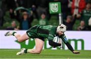 23 October 2021; Mack Hansen of Connacht scores his side's fifth try during the United Rugby Championship match between Connacht and Ulster at Aviva Stadium in Dublin. Photo by Brendan Moran/Sportsfile