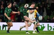 23 October 2021; Mack Hansen of Connacht celebrates with team-mate John Porch after scoring their side's fifth try during the United Rugby Championship match between Connacht and Ulster at Aviva Stadium in Dublin. Photo by Brendan Moran/Sportsfile