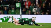 23 October 2021; Mack Hansen of Connacht scores his side's fifth try during the United Rugby Championship match between Connacht and Ulster at Aviva Stadium in Dublin. Photo by Brendan Moran/Sportsfile