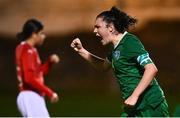 23 October 2021; Della Doherty of Republic of Ireland celebrates after her side's first goal, scored by team-mate Emma Bucci, during the UEFA Women's U19 Championship Qualifier match between Switzerland and Republic of Ireland at Markets Field in Limerick. Photo by Eóin Noonan/Sportsfile