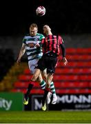 23 October 2021; Sean Hoare of Shamrock Rovers in action against Rob Manley of Longford Town during the SSE Airtricity League Premier Division match between Longford Town and Shamrock Rovers at Bishopsgate in Longford. Photo by Seb Daly/Sportsfile