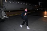 23 October 2021; Lucy Quinn on arrival at Helsinki Airport ahead of the team's FIFA Women's World Cup 2023 Qualifier against Finland on Tuesday. Photo by Stephen McCarthy/Sportsfile