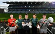 25 October 2021; In attendance at the John West Féile 50th anniversary celebrations at Croke Park in Dublin, are John West Féile Ambassadors, from left, Armagh Footballer Aimee Mackin, Galway footballer Shane Walsh and Kilkenny camogie player Denise Gaule, with, Fionn O'Toole, far left, and Joe Bermingham, far right, both of Palatine GAA Club, Co Carlow. The celebrations brought 32 U-15 club teams from all over the country to play in all four codes at Croke Park over the bank holiday weekend. Photo by Sam Barnes/Sportsfile