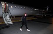 23 October 2021; Claire Walsh on arrival at Helsinki Airport ahead of the team's FIFA Women's World Cup 2023 Qualifier against Finland on Tuesday. Photo by Stephen McCarthy/Sportsfile