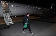 23 October 2021; Goalkeeper Eve Badana on arrival at Helsinki Airport ahead of the team's FIFA Women's World Cup 2023 Qualifier against Finland on Tuesday. Photo by Stephen McCarthy/Sportsfile