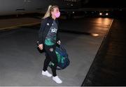 23 October 2021; Savannah McCarthy on arrival at Helsinki Airport ahead of the team's FIFA Women's World Cup 2023 Qualifier against Finland on Tuesday. Photo by Stephen McCarthy/Sportsfile