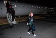 23 October 2021; Savannah McCarthy on arrival at Helsinki Airport ahead of the team's FIFA Women's World Cup 2023 Qualifier against Finland on Tuesday. Photo by Stephen McCarthy/Sportsfile