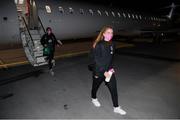 23 October 2021; Aoibheann Clancy on arrival at Helsinki Airport ahead of the team's FIFA Women's World Cup 2023 Qualifier against Finland on Tuesday. Photo by Stephen McCarthy/Sportsfile