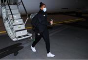 23 October 2021; Rianna Jarrett on arrival at Helsinki Airport ahead of the team's FIFA Women's World Cup 2023 Qualifier against Finland on Tuesday. Photo by Stephen McCarthy/Sportsfile