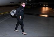 23 October 2021; Jamie Finn on arrival at Helsinki Airport ahead of the team's FIFA Women's World Cup 2023 Qualifier against Finland on Tuesday. Photo by Stephen McCarthy/Sportsfile