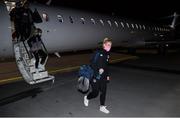 23 October 2021; Saoirse Noonanon arrival at Helsinki Airport ahead of the team's FIFA Women's World Cup 2023 Qualifier against Finland on Tuesday. Photo by Stephen McCarthy/Sportsfile