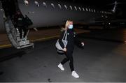 23 October 2021; Denise O'Sullivan on arrival at Helsinki Airport ahead of the team's FIFA Women's World Cup 2023 Qualifier against Finland on Tuesday. Photo by Stephen McCarthy/Sportsfile