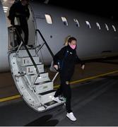 23 October 2021; Diane Caldwell on arrival at Helsinki Airport ahead of the team's FIFA Women's World Cup 2023 Qualifier against Finland on Tuesday. Photo by Stephen McCarthy/Sportsfile