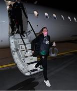 23 October 2021; Goalkeeper Courtney Brosnan on arrival at Helsinki Airport ahead of the team's FIFA Women's World Cup 2023 Qualifier against Finland on Tuesday. Photo by Stephen McCarthy/Sportsfile