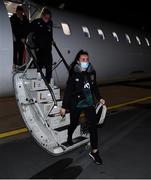 23 October 2021; Niamh Farrelly on arrival at Helsinki Airport ahead of the team's FIFA Women's World Cup 2023 Qualifier against Finland on Tuesday. Photo by Stephen McCarthy/Sportsfile