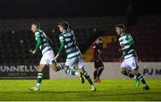 23 October 2021; Graham Burke of Shamrock Rovers, left, celebrates after scoring his side's first goal during the SSE Airtricity League Premier Division match between Longford Town and Shamrock Rovers at Bishopsgate in Longford. Photo by Seb Daly/Sportsfile